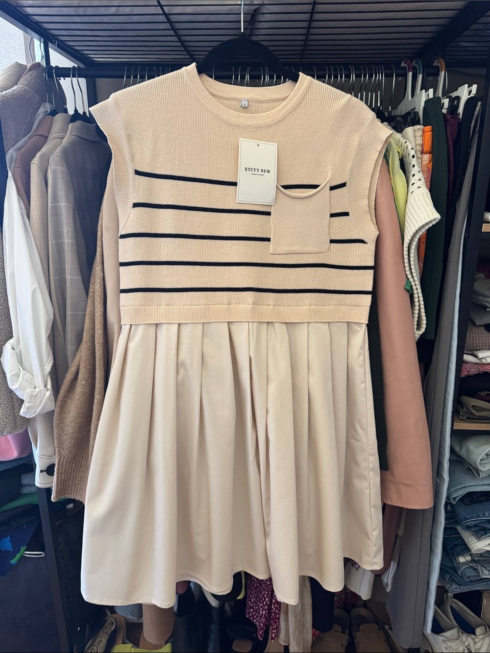 Amazon Cream & Black Striped Knit Top Dress for Women